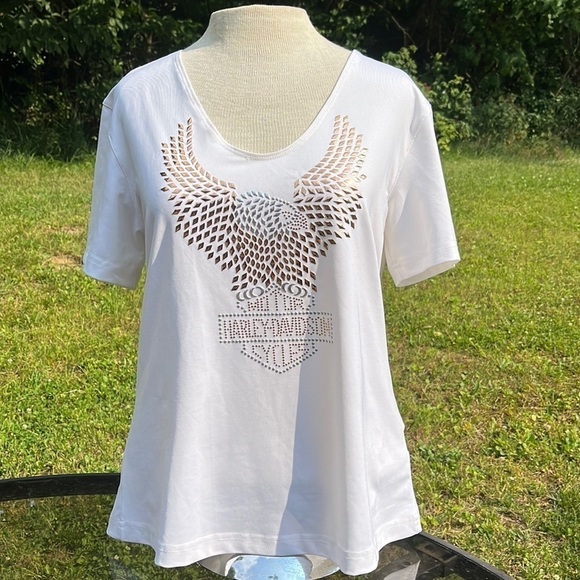 HARLEY DAVIDSON womens short sleeve shirt white with eagle in sequins, large - Picture 2 of 8